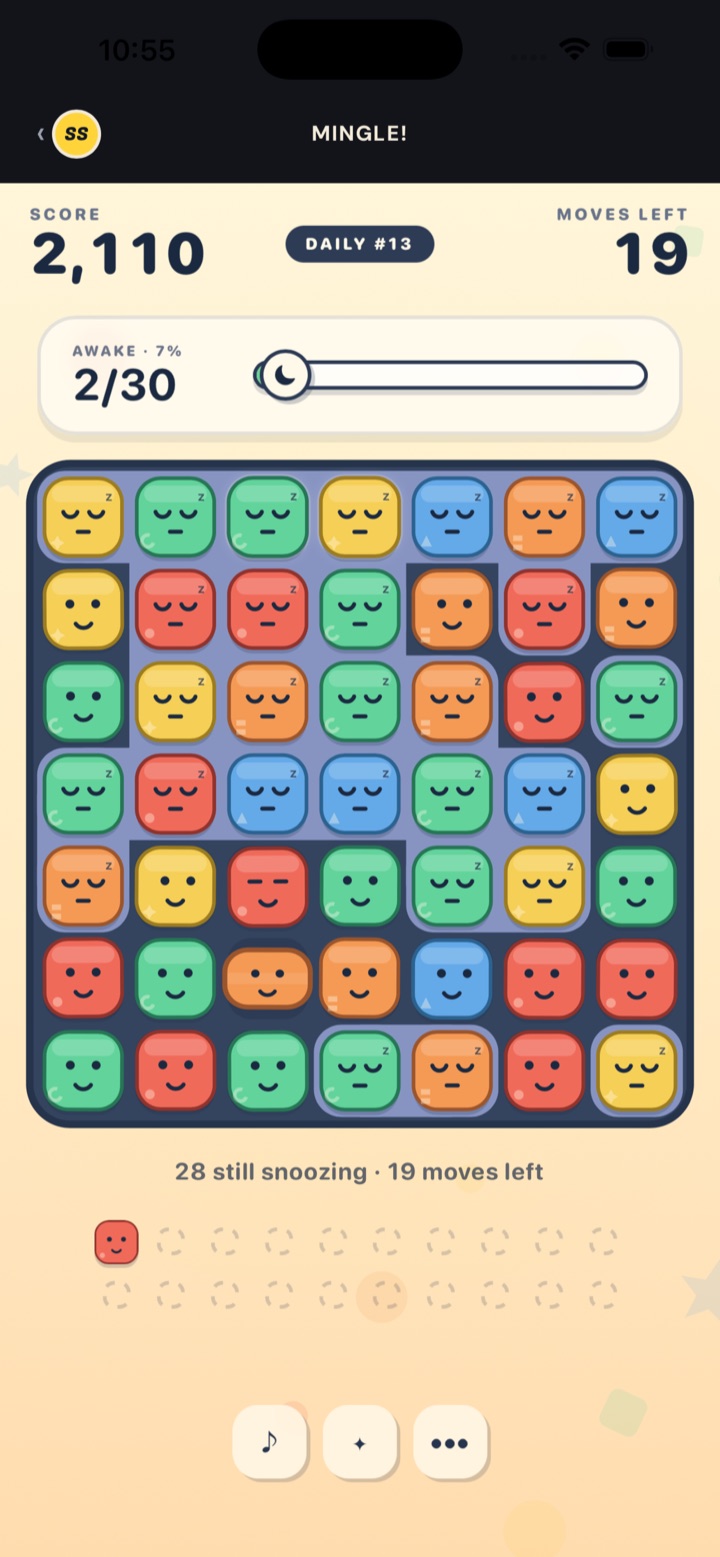 MINGLE gameplay with a colorful board of awake and sleepy neighbors