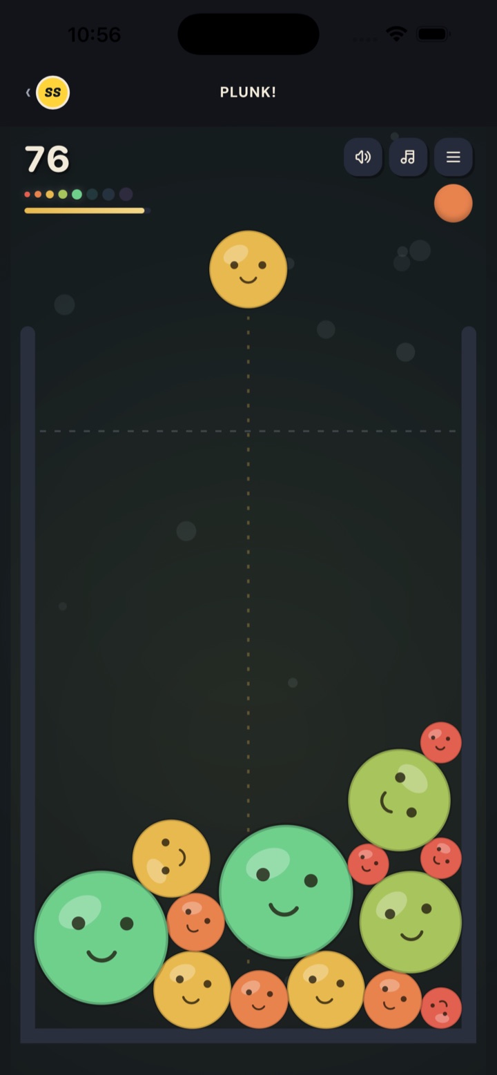 PLUNK gameplay with cheerful pieces stacked inside the jar